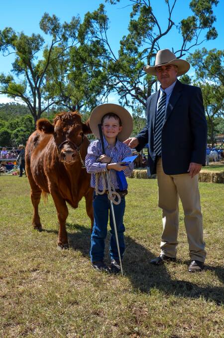 Little leader: Led steer judge Corbmac Fanning with George Tucker and Scooter who won the 500kg and Under Milk Tooth Steer ribbon at The Caves Show last year.