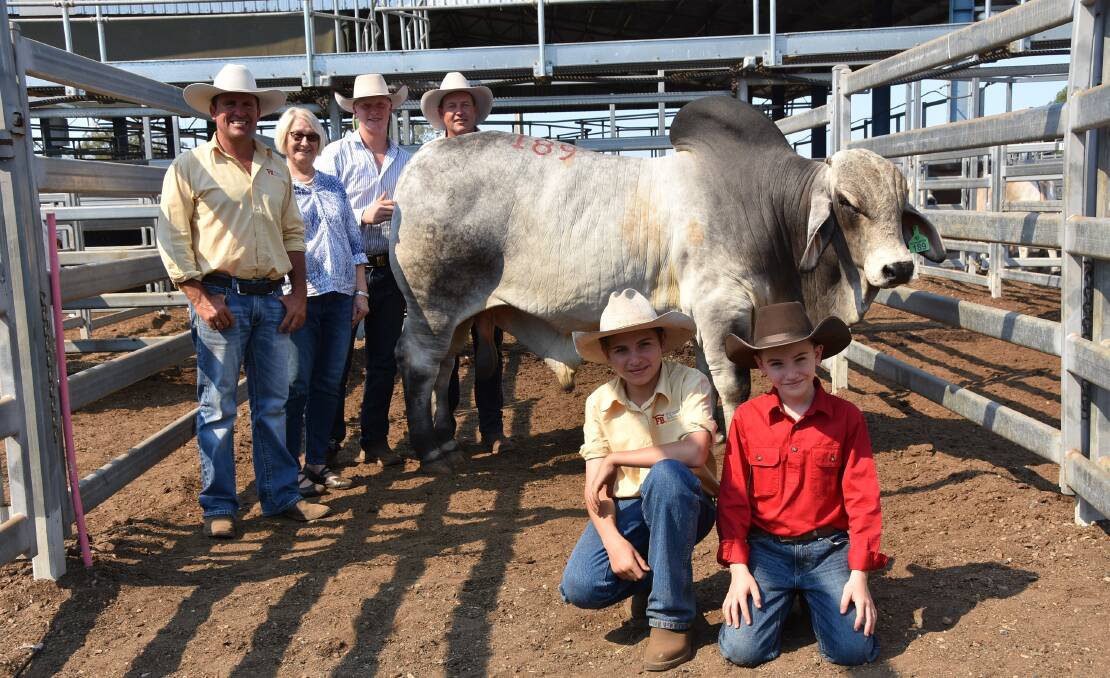Great grey: Joint buyers Jack and Harry Fenech, (front) with dad Will Fenech, Fenech Cattle Co, vendor Dawn Kirk, Carinya, Gayndah and Walter and Mark Wilson, Banana Station, with the $105,000 top price grey bull of 2019, Carinya Milwaukee (H).
