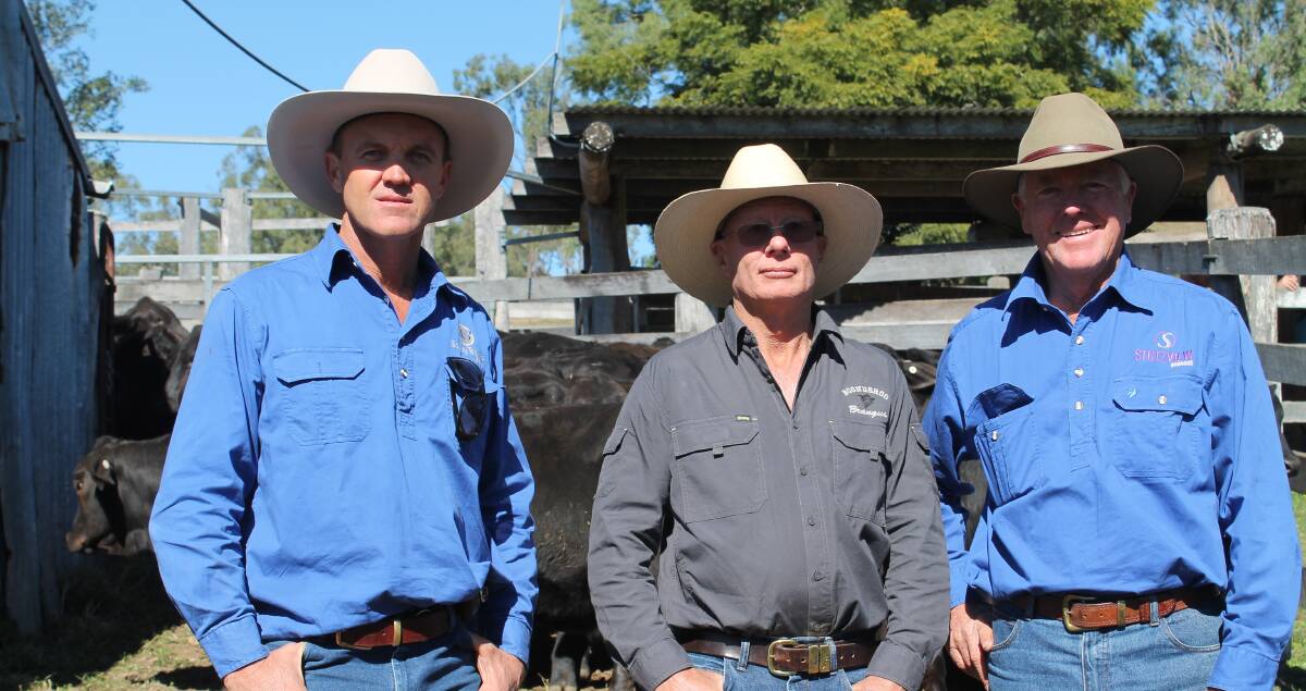 Knowledge: Shane Jackson, Tiaro with host Richard Pender, and Danny Jackson, Tiaro at Boonderoo Brangus Stud's QCL Southern Beef Week open day last year.
