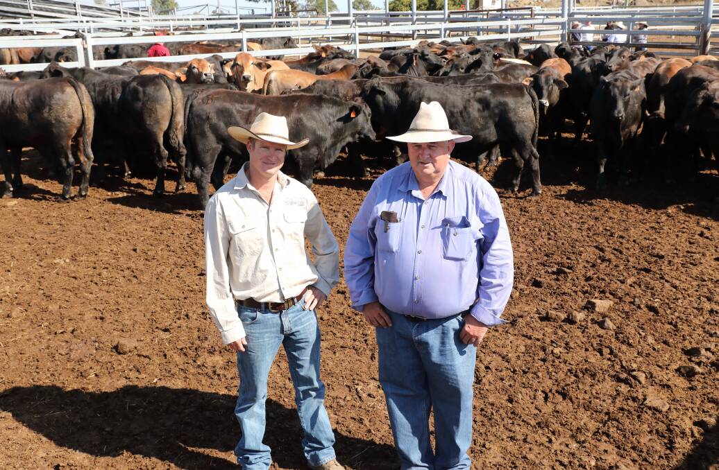 Top steers: Edward Quinn, Voewood, Calliope and Waterfall Feedlot owner Robert Maudsley with steers involved in the 2018 Brangus Carcase Competition and Open Day held at Nangur Downs Feedlot, Tansey. Photo: Kent Ward.