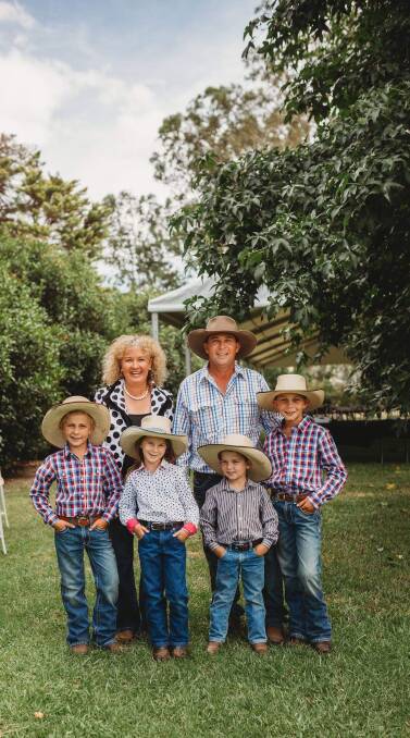 The Holdens: Boyd and Leisa Holden with their children and 'workmates' Archie, Elsie, Harry and Hughie on-property at Oakbank, Old Bonalbo, northern NSW.