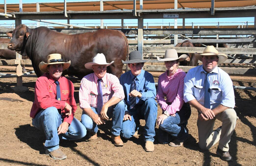 Washington impressed: Ben Evans, Carntyne Santas, Cyril Close, TopX Roma, buyers Mitch and Abbey Franz, and Steven Goodhew, PJH Livestock Roma, with the $19,000, 2020 sale topper Carntyne Washington.