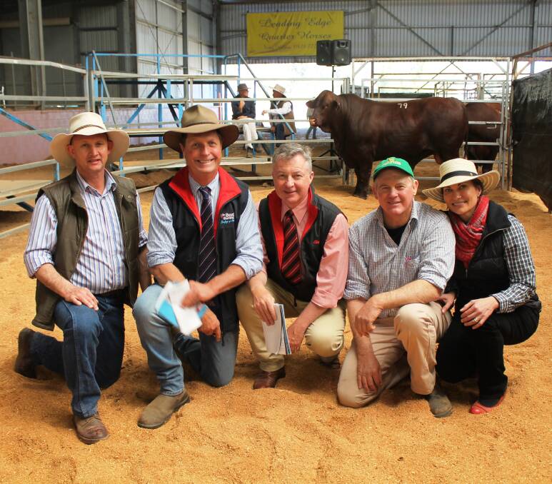 Top buying: Buyer David Greenup, Big S Group member Glenn Holt, Andrew Meara, Elders, and vendors Jock Robertson-Cuninghame and Julia Fomiatti with the $13,000, 2017 sale topping bull, Hallcraig Longroad L66 (P).