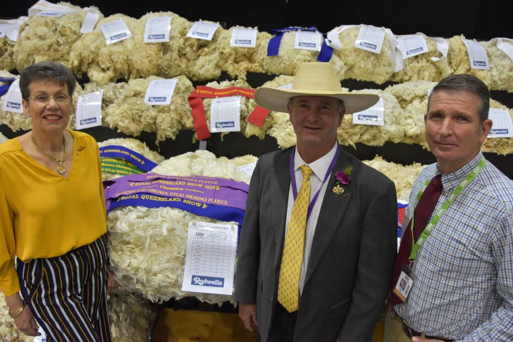 Green light: Narda and Will Roberts, Victoria Downs, Morvern with chief steward Bruce Lines with entries for the 2019 Ekka Wool Competition.