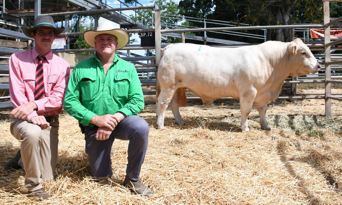 Pat Luck, Kennedy Livestock agents for Elders Clermont with vendor Roderick Binny Glenlea Charolais with the second top priced bull Glenlea Kenworth R82. 