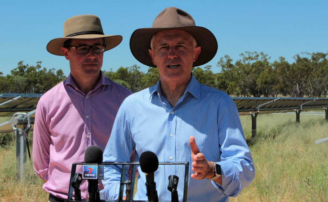 Repeat visit: The last time Malcolm Turnbull visited western Queensland was in March 2017, to open the solar farm at Barcaldine, when there was still hope for a late summer season. Picture: Sally Cripps.