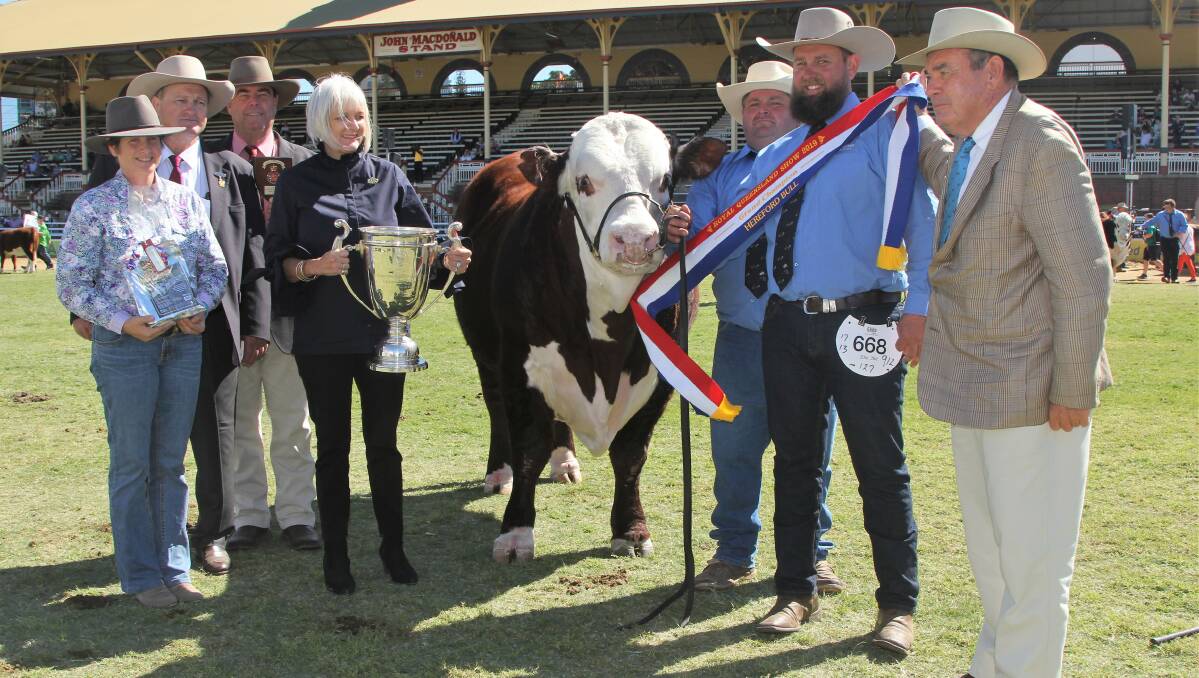 Grand champion Hereford bull Devon Court Advance N142 with Larissa Bilston, Farmalogic, judge Adrian Spencer, Elders representative Brian Kennedy, Margie Adnam with the perpetual trophy sponsored by the Hereford Herd Book Society of Great Britain, handler Isaac Billiau, stud principal Tom Nixon, and Richard Wilson, presenter of the JL and RS Wilson Memorial Trophy.