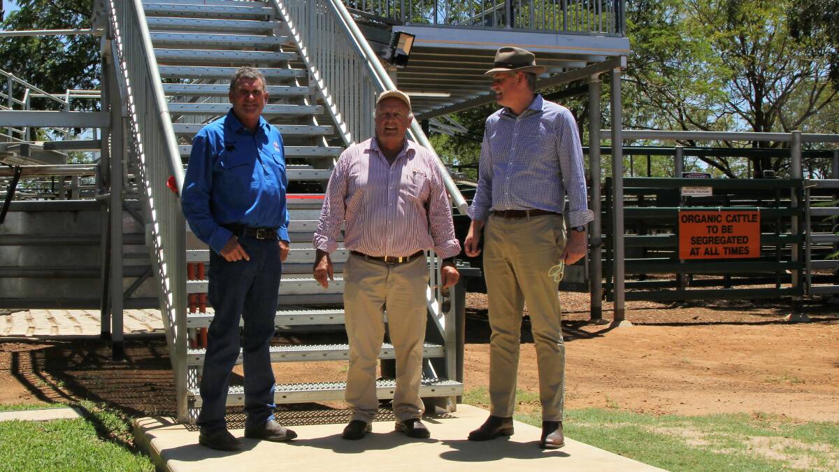 Blackall Saleyards manager, Dave Carter, Blackall-Tambo mayor, Andrew Martin, and local government minister, Stirling Hinchliffe, at the opening of the saleyards viewing platform.