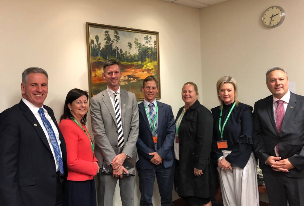 Burdekin MP Dale Last, Isaac Regional Council mayor Anne Baker, Transport Minister Mark Bailey, Clarke Creek Community Reference Group members Iain Day, Amelia Rea, Lynise Conaghan, and Mirani MP Stephen Andrew, at the Parliament House delegation in Brisbane.