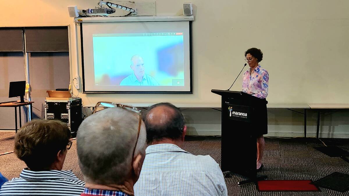 Anna Bassett addresses the public forum in Roma. Picture: Sally Gall