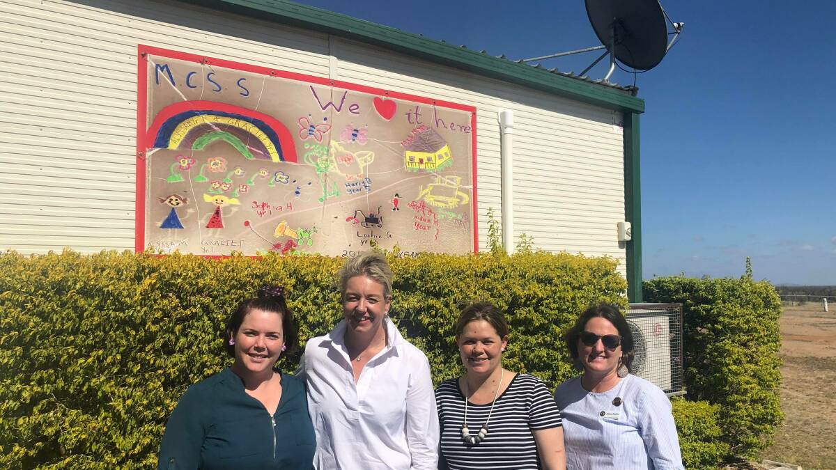 Federal regional services minister, Bridget McKenzie, second left, with Mistake Creek State School bus driver, Sophie Peacock, West Banchory, Rhiannon Finger, Telarah, Mistake Creek State School P&C secretary, and Alana Moller, Star of Hope, Clermont ICPA representative. Photo supplied.