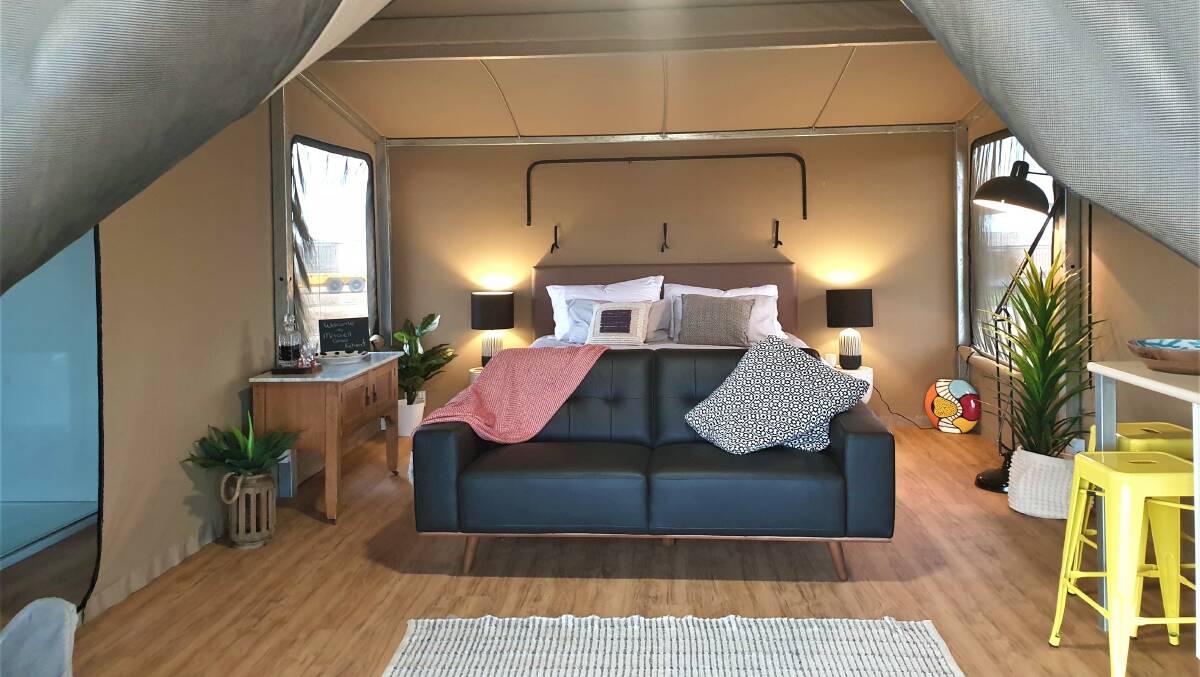 The spacious interior of the open plan bedrooms of the tents.