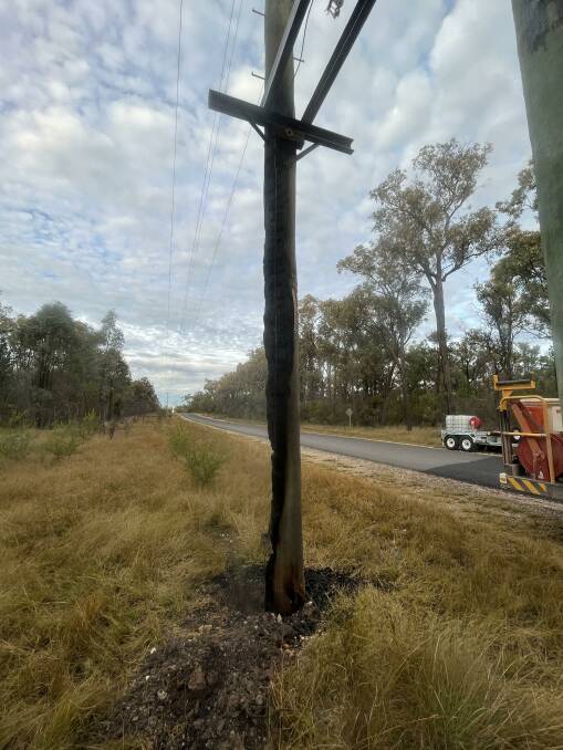 A power pole fire as the result of vandalism, at Tara. Picture: Ergon Energy.