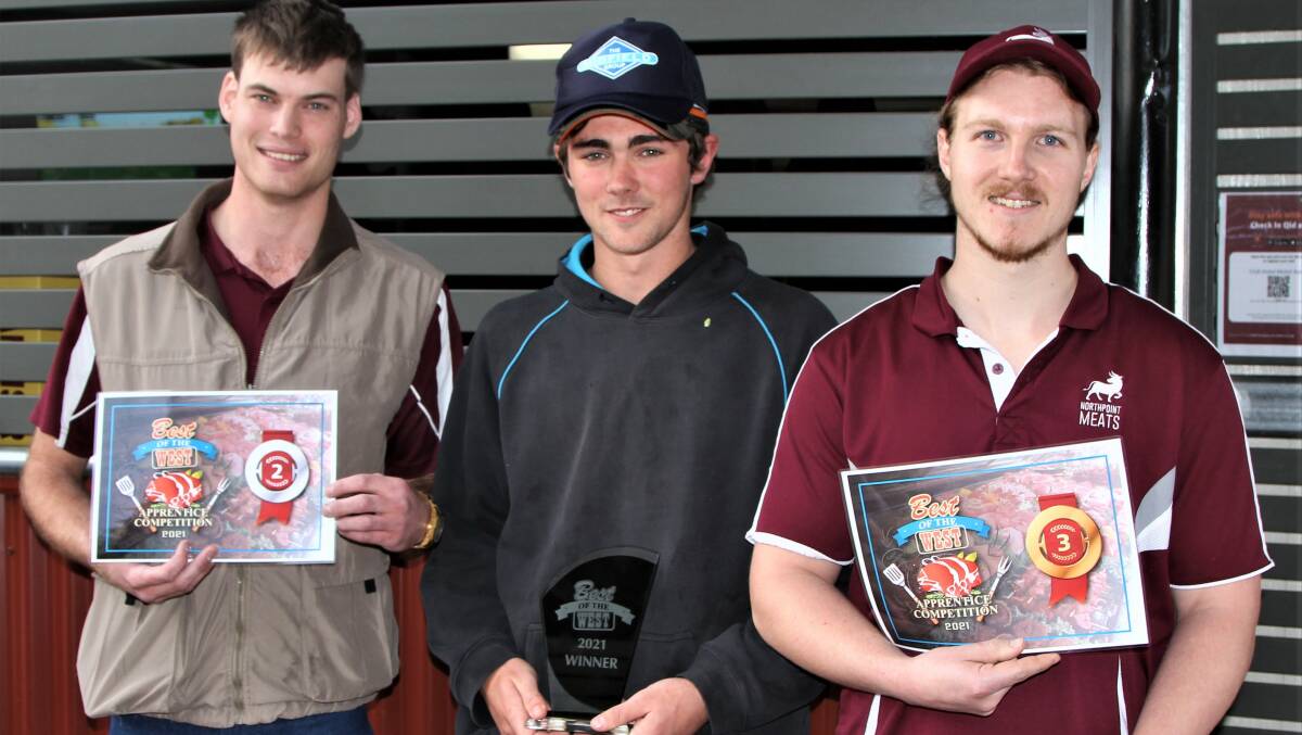 AMIC outback region apprentice competition awardees - Mitchell Blanch, Miles Wholesale Meats (2nd), Jake Arnall, Maranoa Meats, St George (1st), and Lachlan Williams, Northpoint, Toowoomba (3rd).