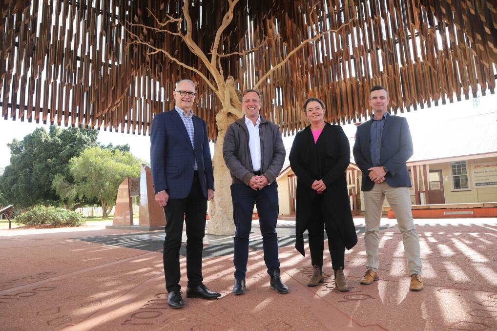 Sunshot executive chairman Professor Ross Garnaut AC, Deputy Premier Steven Miles, Northern Australia Minister Madeleine King, and Barcaldine Regional Council Mayor Sean Dillon pictured at the Tree of Knowledge after the roundtable discussions. Picture: Sally Gall
