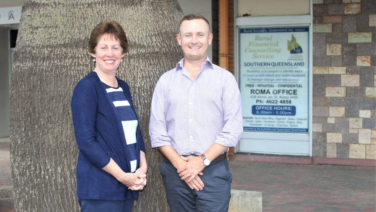 Outgoing Rural Financial Counselling Service Southern Queensland CEO Jenny Whip, with Ross Leggatt, the incoming CEO, at the Roma office. Picture: Sally Gall