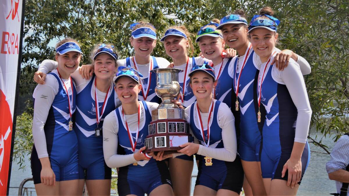 BGGS First VIII: Back - Grace Robinson, Claire Saggers, Sophie Lucas, Ellyn Hill, Nancy Duncan-Banks, Tylah Hutton, Eloise Young; and front - Bronte Cathcart and Chelsea Ashby.
