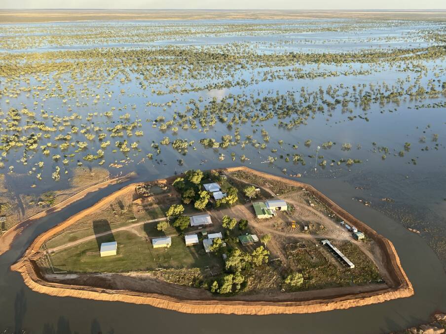 The Roxborough Downs homestead complex protected from Georgina River floodwaters by a newly constructed levee bank. Picture: McMillan Pastoral Company