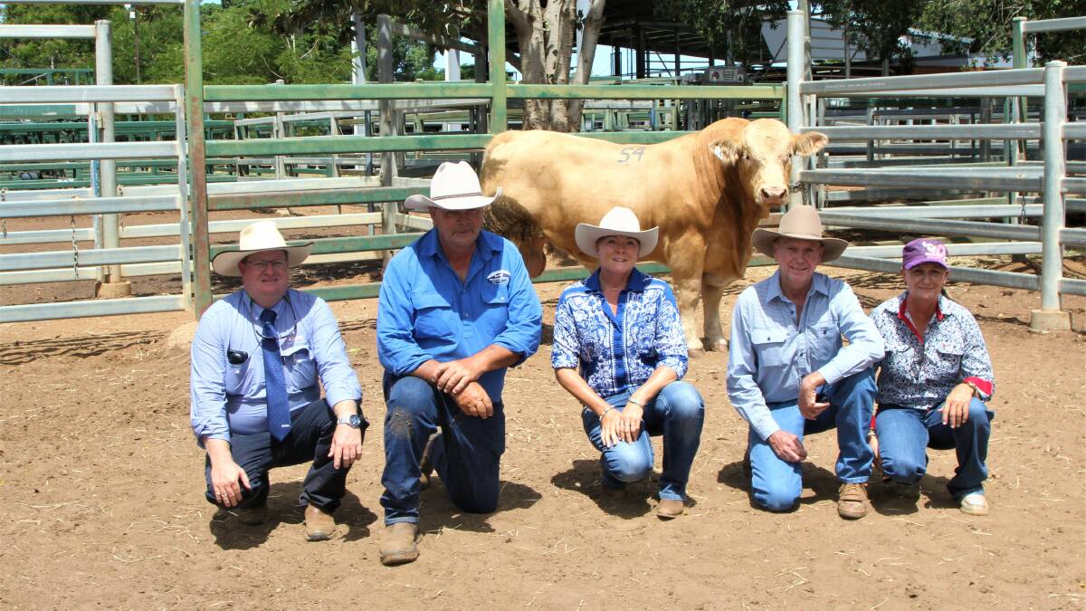 GDL stock sale representative Mark Duthie with Ian and Katrina Bebbington, Mountview Charolais, Ramsay, vendors of the top priced bull, and purchasers Warren and Trina Gleeson, Fairview Cattle Company, Alpha. Pictures: Sally Gall