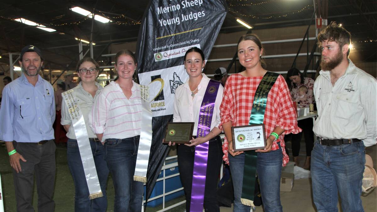 AgForce Sheep and Wool policy director Michael Allpass with the Queensland Ag Shows young judges Merino sheep competition entrants - Grace Peskett, Lucy Berrell, Pip Hacker, Tess Wallace, and Jim Hillier. Photos: Sally Gall