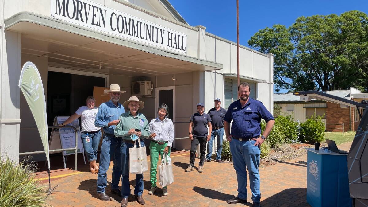 Pictured at the Morven Community Hall are Tegan Russell, Queensland Health, Robert, Frank and Roselita Calcino, NBN's Karen Shipp and Grant Higgs, and National Drought and North Queensland Flood Response and Recovery Agency regional recovery officer Bryson Head.