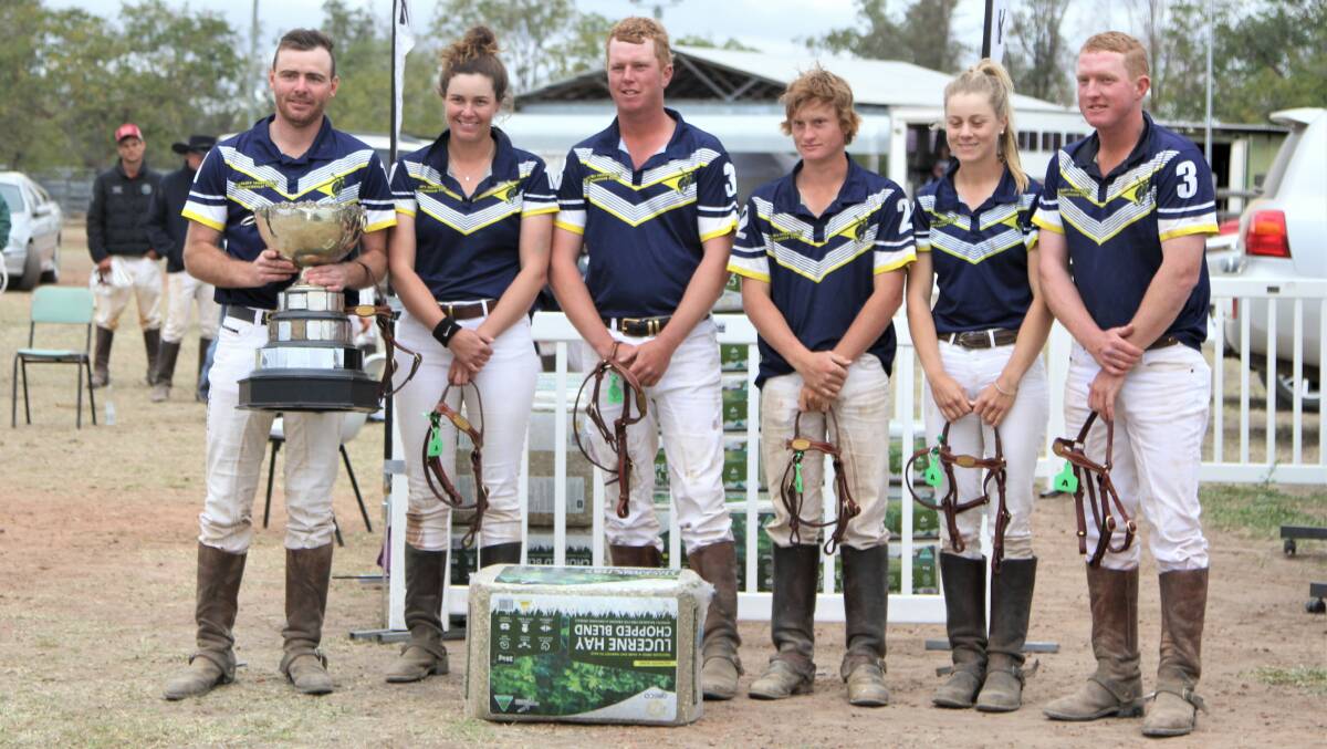 Albury-Holbrook, winners of the A grade championship at the 2021 Queensland Polocrosse Club Championships. Team members are Jim Grills, Lucy Grills, Byron Davison, Marty O'Sullivan, Katie Wills, and Matt Davison. Photo: Sally Gall