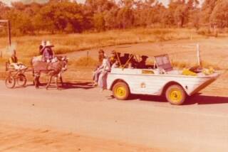 The amphibious jeep ready to take part in a Barcoo Rush festival street parade in the 1970s.