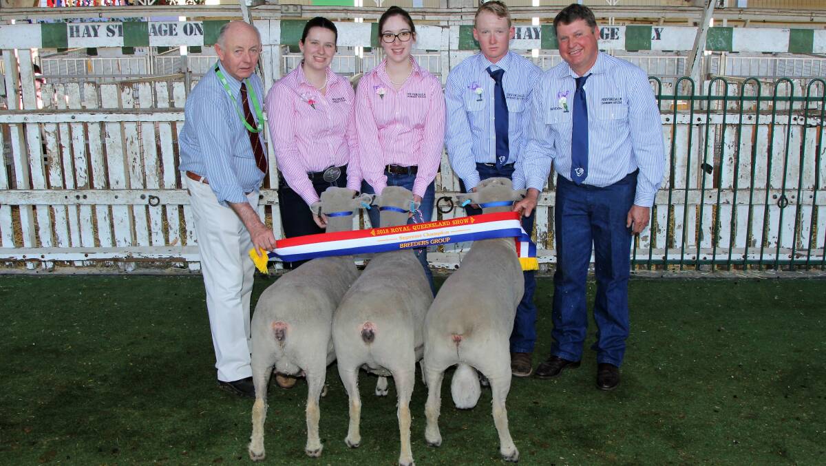Pictured with the supreme breeders group are judge, George Meloni, Silverdale Southdown Stud staff Sinead Adcock, Sarah Ray and Lloyd Worth, and stud principal, Lyndon Frey.