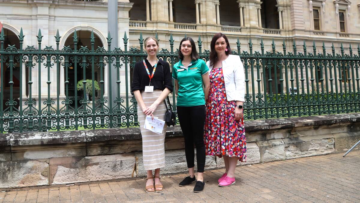 Holly Mortimer, Royal Far West, and Bush Kids representatives Kaitlin Hinchliffe and Cara Swann were among those taking their message to Parliament House in Brisbane. Picture: Sally Gall
