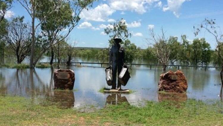 The Stockman statue in the Drovers Memorial Park was getting his feet wet at the peak of the flood.