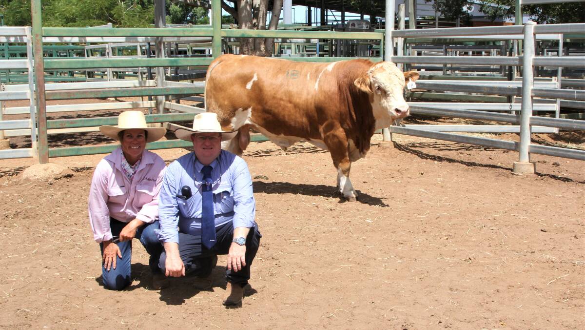 Lis Skene, Meldon Park Simmentals, Cecil Plains and Mark Duthie, GDL, and the second top priced bull.
