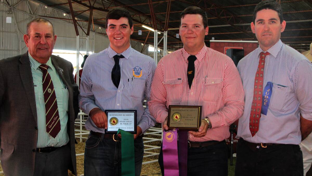 Sheep judge: Barcaldine Downs staff member Matthew Baker (second right) and Longreach Pastoral College student Isaac Fitler were winner and runner-up in the state final of the Queensland Shows Merino sheep young judges competition, pictured with QCAS patron Keith Bettridge and judge Mick Campbell.