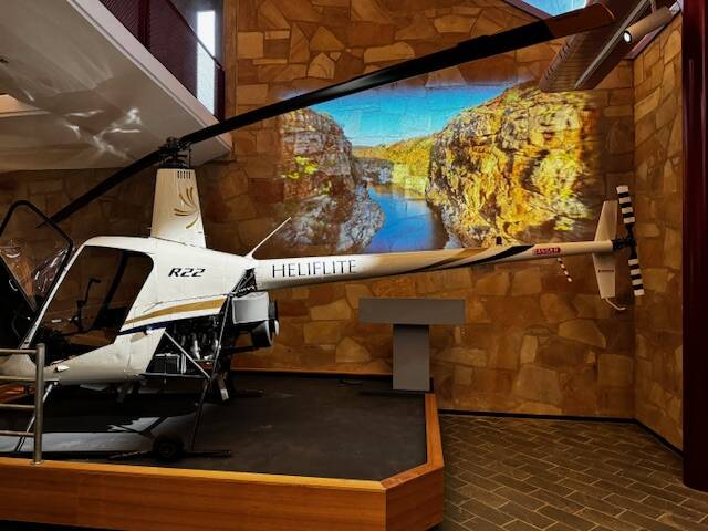 The Heliflite R22 in position in the Australian Stockman's Hall of Fame in Longreach. Picture: Supplied