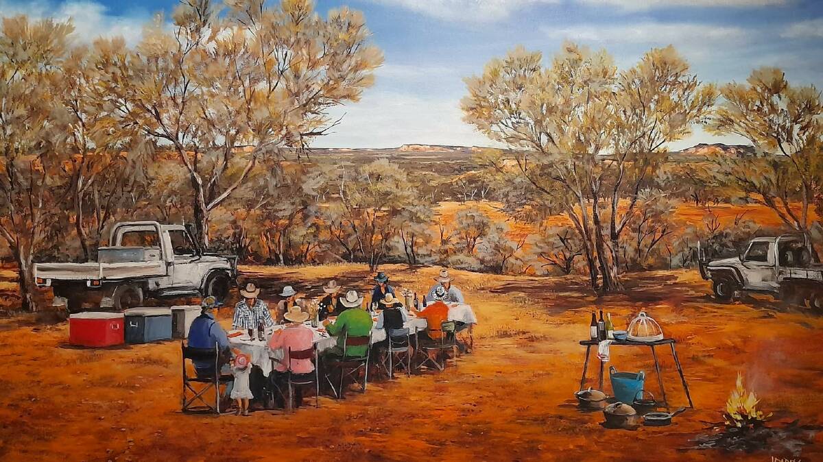 The beach artworks contrast cleverly with Lyn's familiar outback scenes, such as this one, Lunch at Harrington's Comonogin Station.