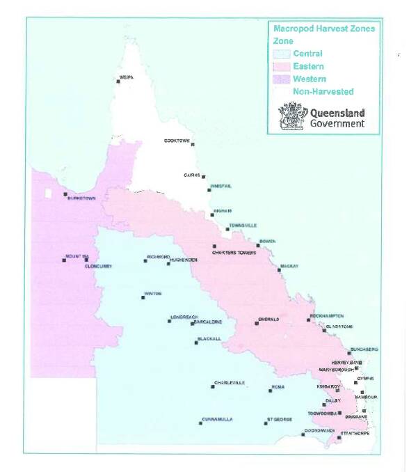 Macropod harvest zones in Queensland - the central zone is in light blue.