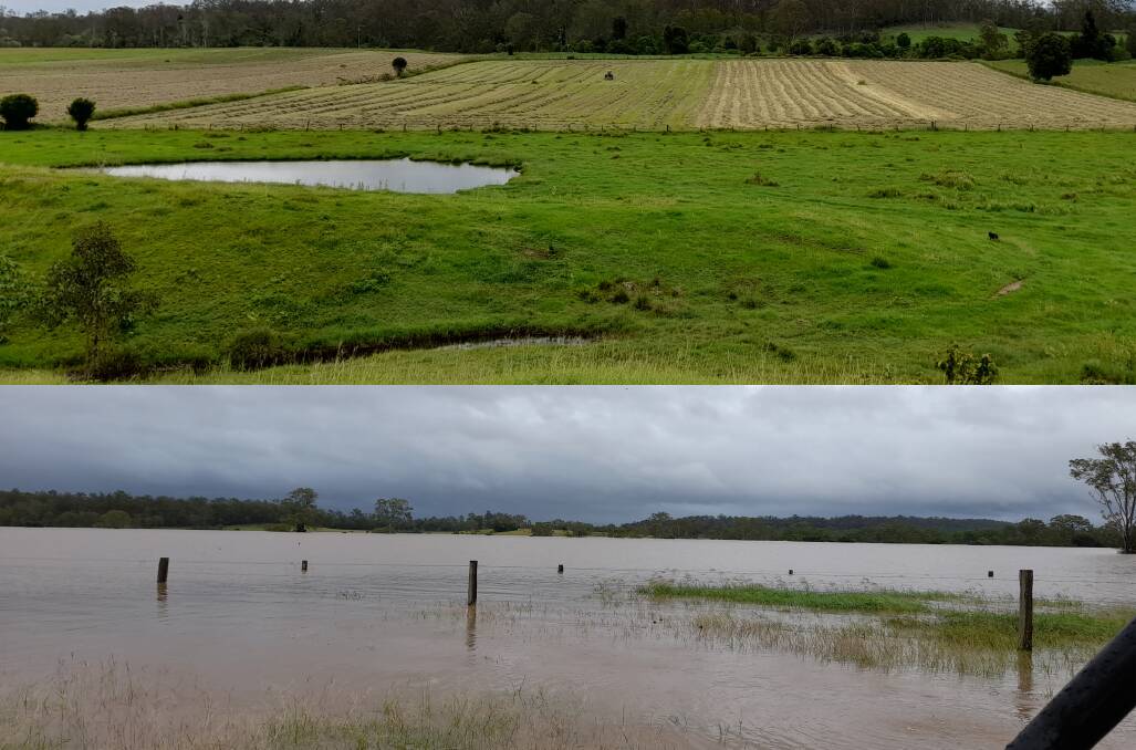 Before and after photos of the Orphant's lucerne paddocks, drowned under a sea of water and mud. Pictures contributed.