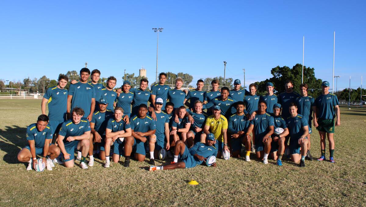The junior Wallabies squad ready for a community rugby training session at the Longreach Showgrounds. Pictures: Trudy Bruggemann