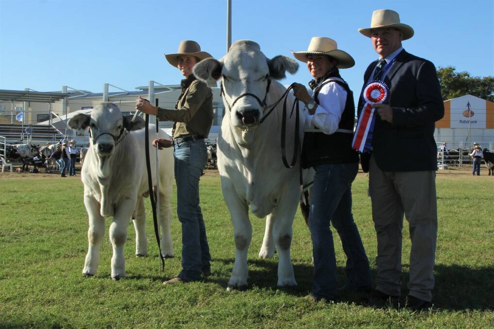 Holly and Anna Ahern with the grand champion Romagnola female, Hamilton Park Maude, and judge Matt Welsh.