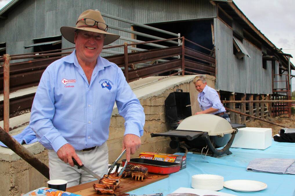 Australian White breed founder, Graham Gilmore, and wife Kirsty, were busy on the barbecues cooking up lunch meat samples.