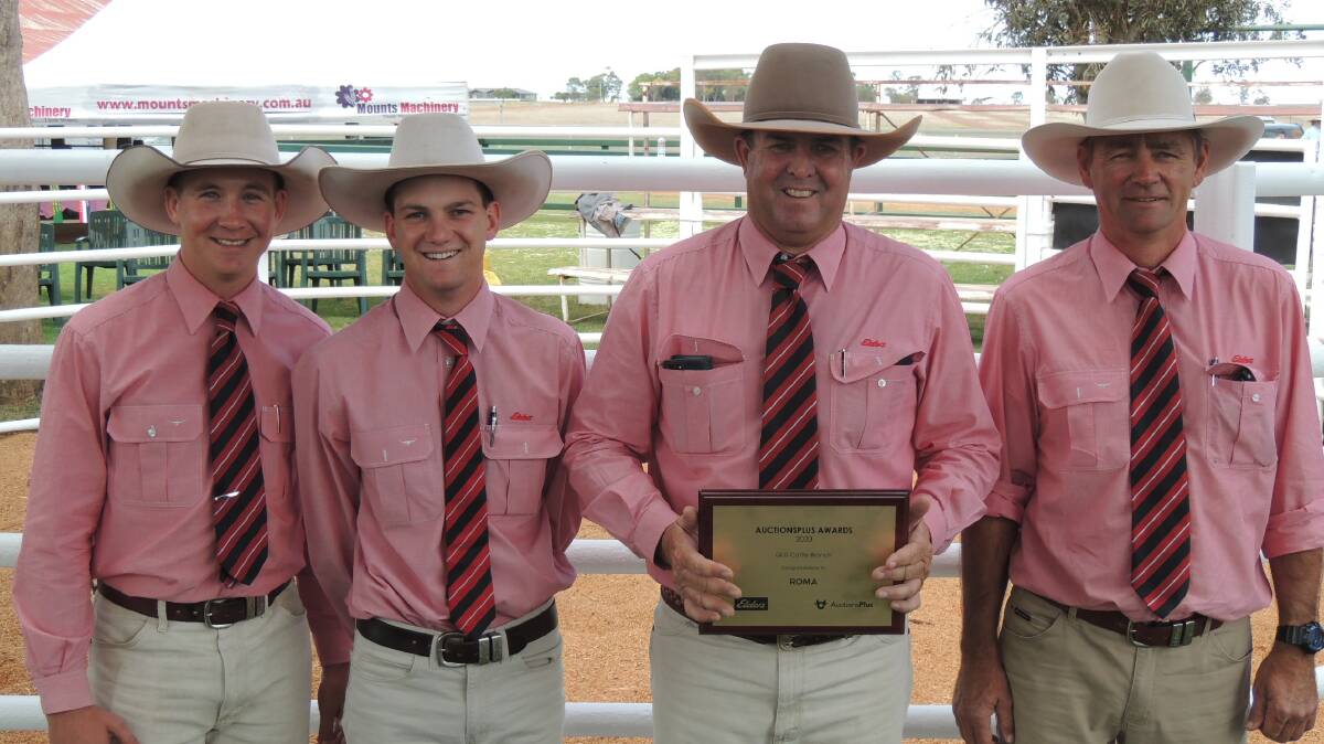 Pictured with the 2020 Elders AuctionsPlus cattle award are the Roma team of Brady Jackson, Billy Hall, Keith Crouch, and Gary Cartwright. Pictures supplied.