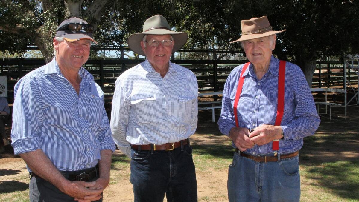 Former Australian Estates Terrick Terrick employees, Rick Keogh, Peter Clark, Longreach and Peter Harvey, Toowoomba remembering ram sales from days gone by.