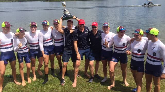 The TSS First VIII 2018 rowing squad: Hugh Robinson, Jake Heck, Jed Heslop, Archer Southwood, Tyler Wright, Dougal Coleman, Harry Cox, Isaac Mibus, Austin Bettles with coaches Duncan Free, Scott Wilkins and Stuart Paton.