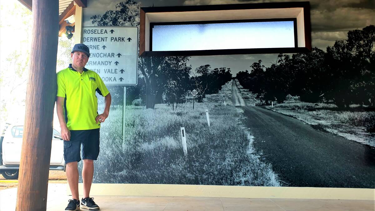 Beerwah signwriter Barry Wease with one of the eye-catching black and white landscapes that stand out on the hotel's outer walls.