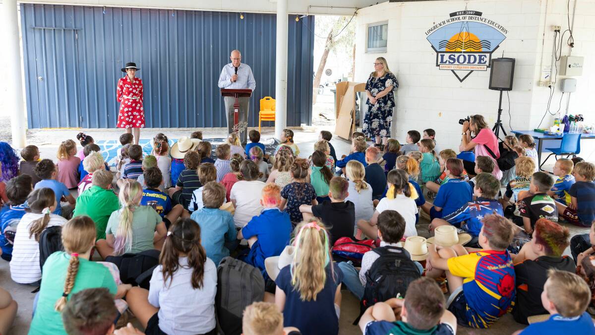 Governor-General David Hurley addressing the students of the Longreach School of Distance Education, in town for a week of clusters.