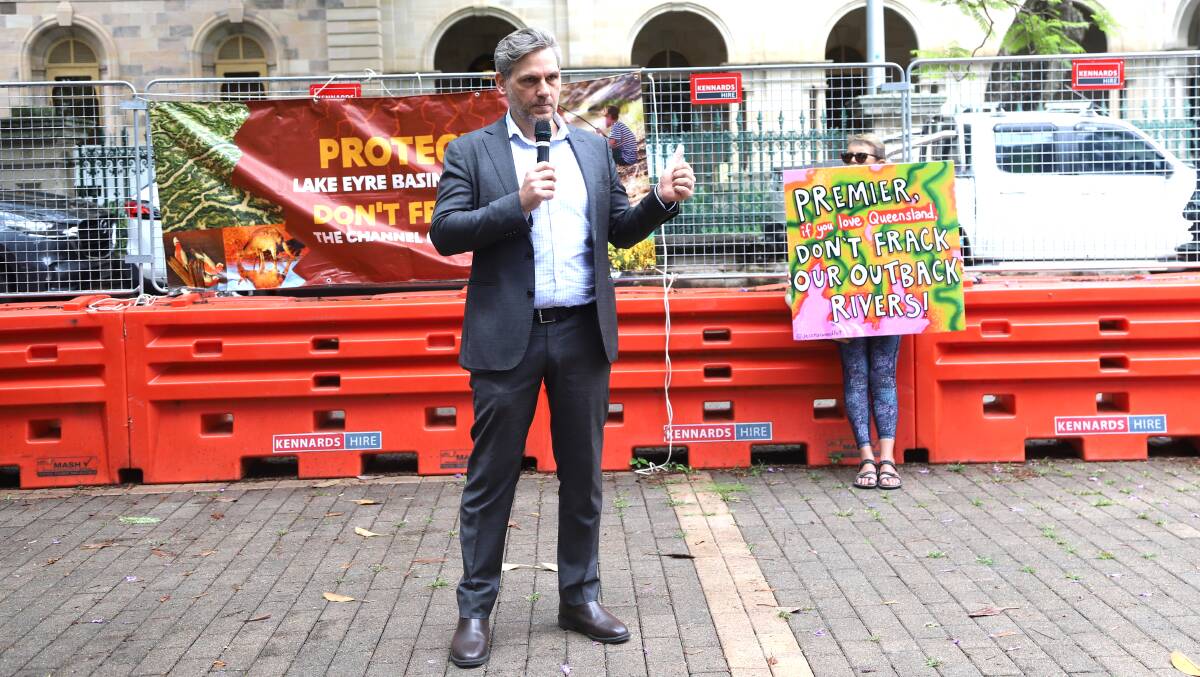 Queensland Greens MP Michael Berkman told the rally First Nations justice was entwined with the call to stop fracking in the Channel Country. Picture: Sally Gall