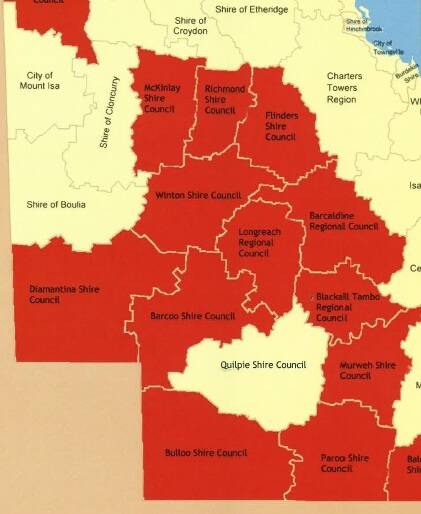 A map of the shires eligible for funding under the federal Drought Communities Program. Quilpie mayor Stuart Mackenzie says his shire's "island" status is hard to understand.