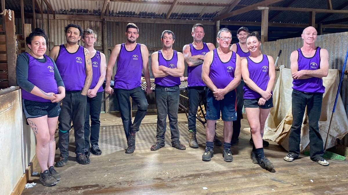The shearing team wearing the singlets commemmorating Chris Britnell's 50 years of classing at the Teviot shed. Picture: Alex Sorensen