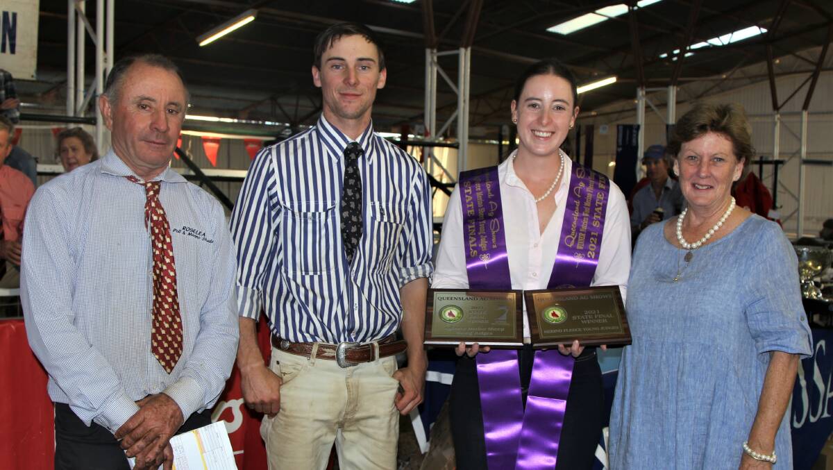Pip Hacker, second right, with her proud parents Peter and Linda Hacker, and her brother Will Hacker, after accepting both Merino fleece and sheep young judges' trophies.