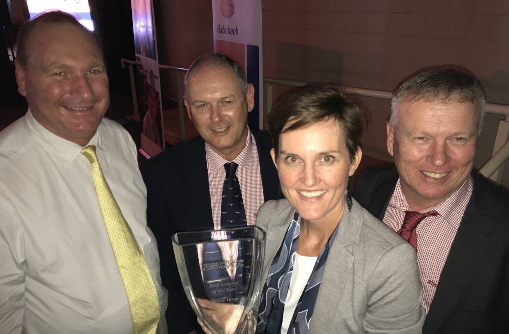 Stanbroke personnel congratulating Dalene Wray on her 2018 QCL Beef Achiever award included feedlot manager, Andrew Rushford, human resources manager, Ross Sticklen, and processing plant manager, Jim Friss. Photo supplied.