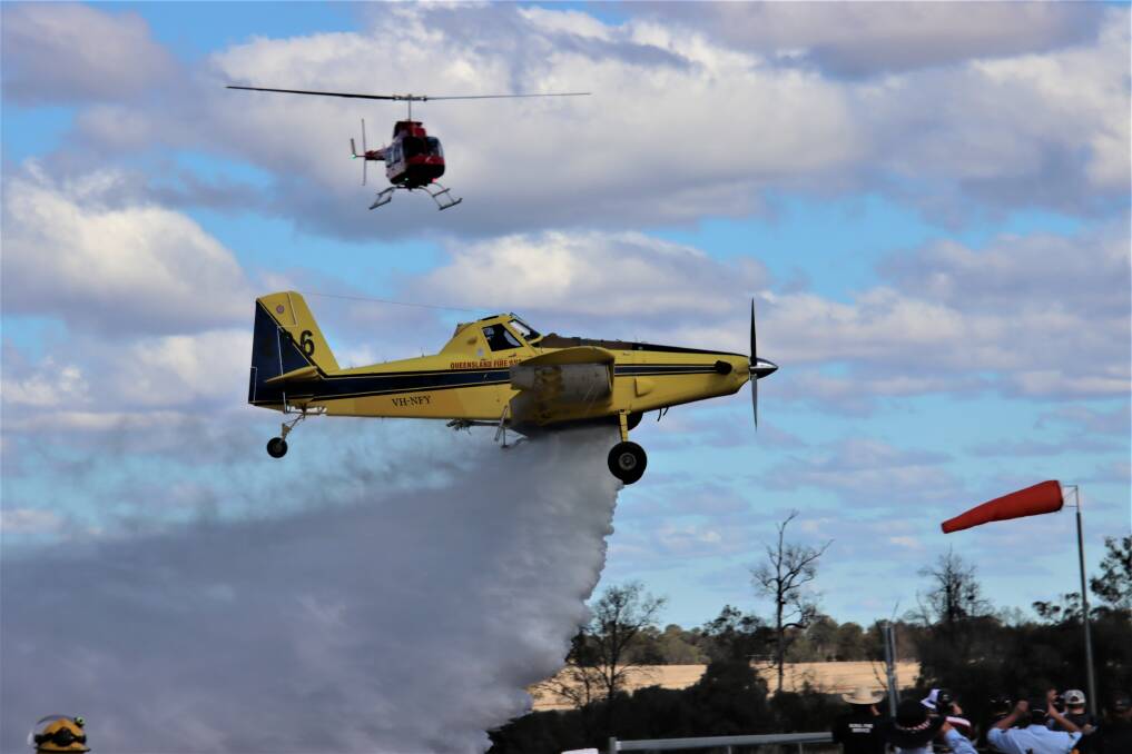 A water-bombing demonstration was part of the official opening ceremony at Fairlands Station near Wallumbilla. Photo: Jenny Underwood